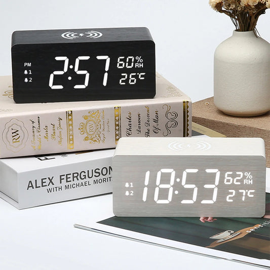 Multifunctional 15W Fast Charging Wooden Temperature and Humidity Wireless Charging LED Perpetual Calendar Clock Student Gifts
