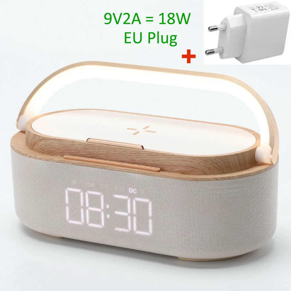 Rechargeable FM Radio LED Alarm Clock with 15W Wireless Charger,Bluetooth Speaker and Night Light Function. Gift Ideas for Decor