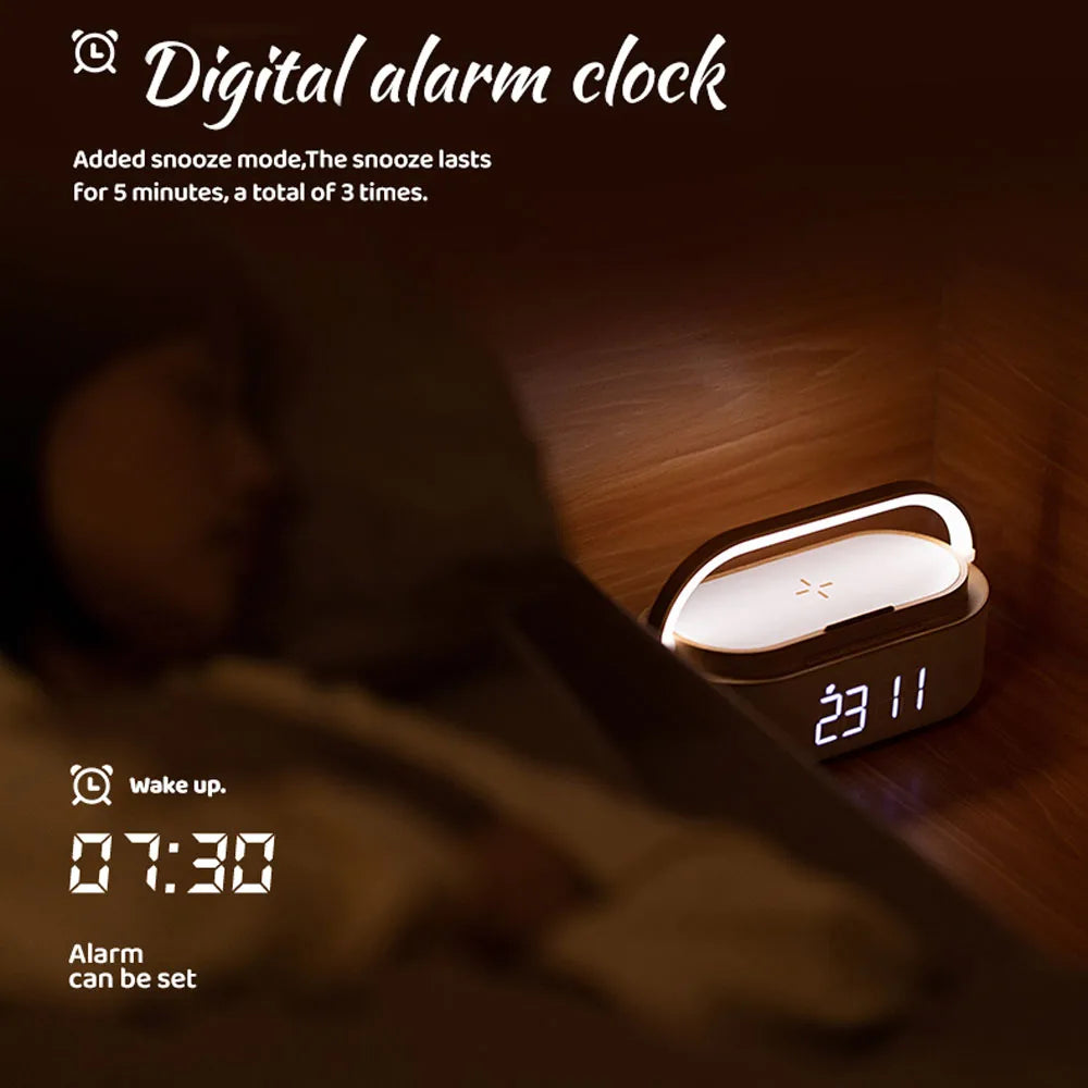 Rechargeable FM Radio LED Alarm Clock with 15W Wireless Charger,Bluetooth Speaker and Night Light Function. Gift Ideas for Decor
