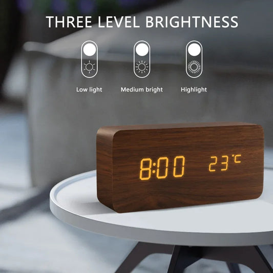 LED Digital Alarm Clock - Voice - Controlled Wooden Desktop Clock, USB/AAA Powered - Stylish Wood Watch Table Design