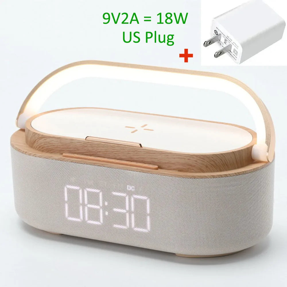 Rechargeable FM Radio LED Alarm Clock with 15W Wireless Charger,Bluetooth Speaker and Night Light Function. Gift Ideas for Decor