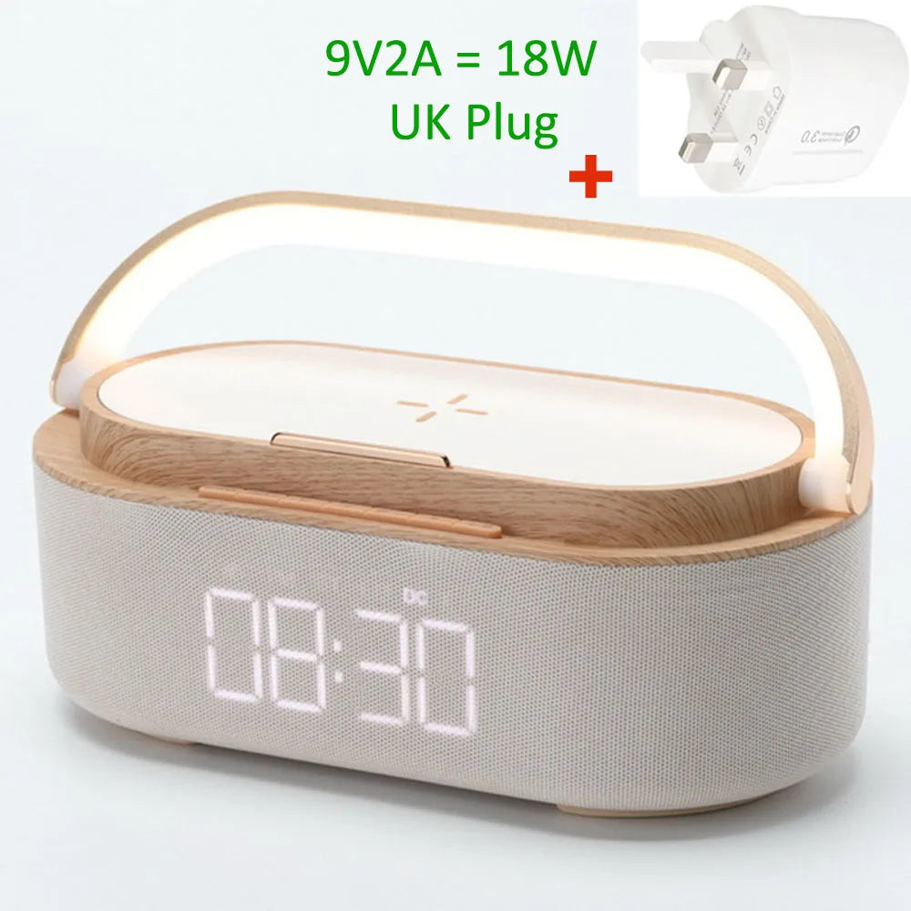 Rechargeable FM Radio LED Alarm Clock with 15W Wireless Charger,Bluetooth Speaker and Night Light Function. Gift Ideas for Decor