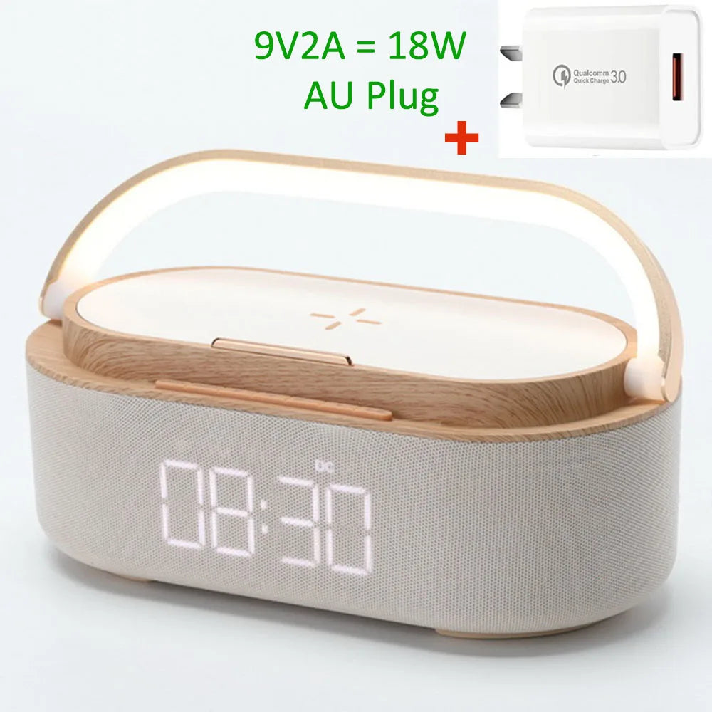 Rechargeable FM Radio LED Alarm Clock with 15W Wireless Charger,Bluetooth Speaker and Night Light Function. Gift Ideas for Decor