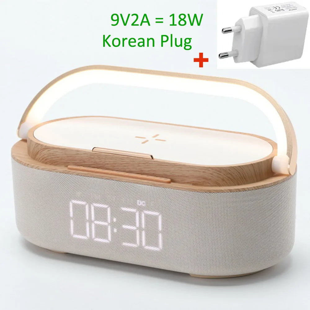 Rechargeable FM Radio LED Alarm Clock with 15W Wireless Charger,Bluetooth Speaker and Night Light Function. Gift Ideas for Decor